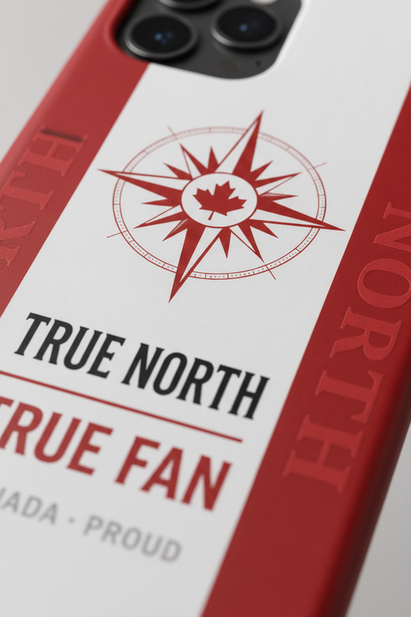 Phone case with 'True North True Fan' design featuring a compass and maple leaf.