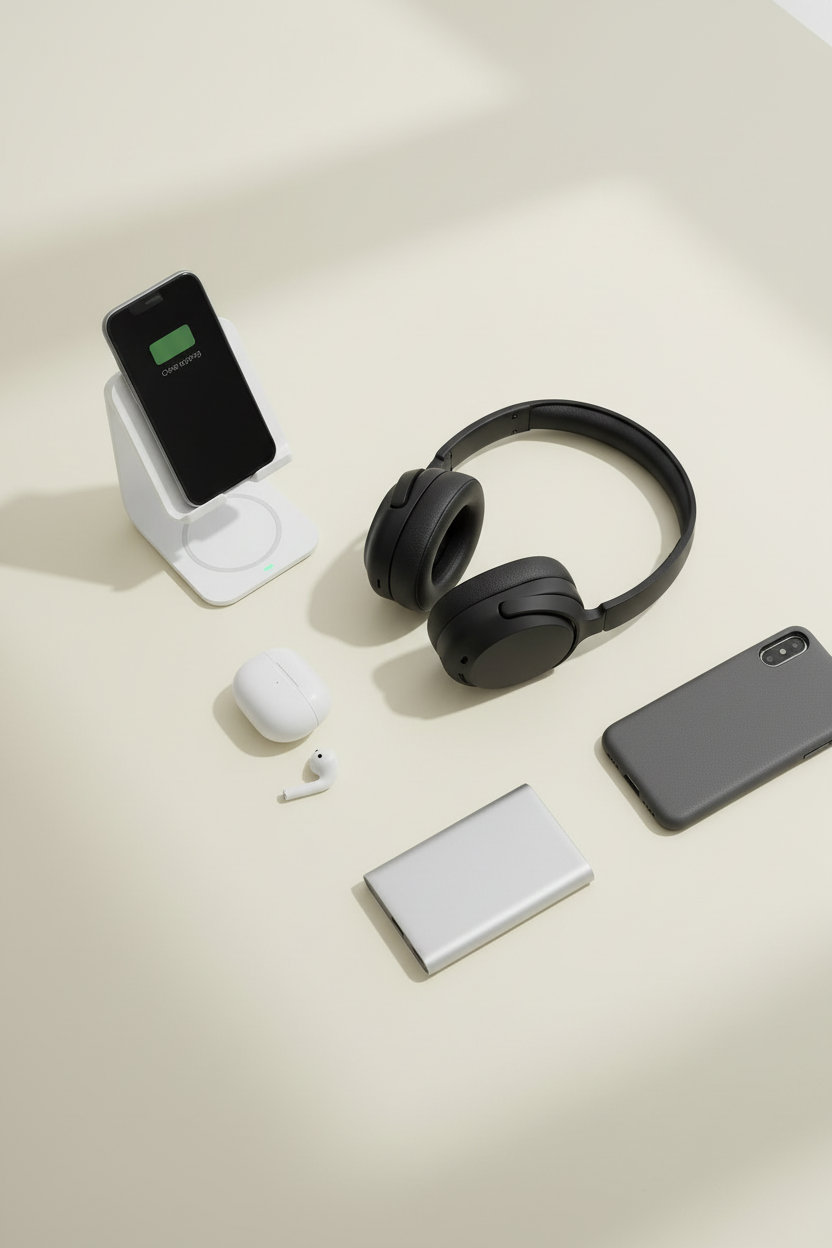 Collection of electronic devices including headphones, phone, and earbuds on a light surface