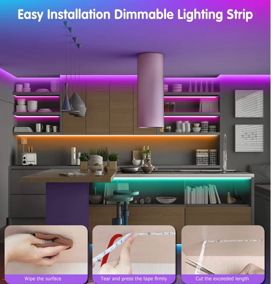 Modern kitchen with purple LED strip lighting, installation instructions, and product close-ups.