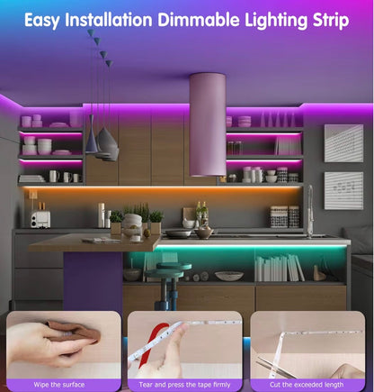 Modern kitchen with purple LED strip lighting, installation instructions, and product close-ups.