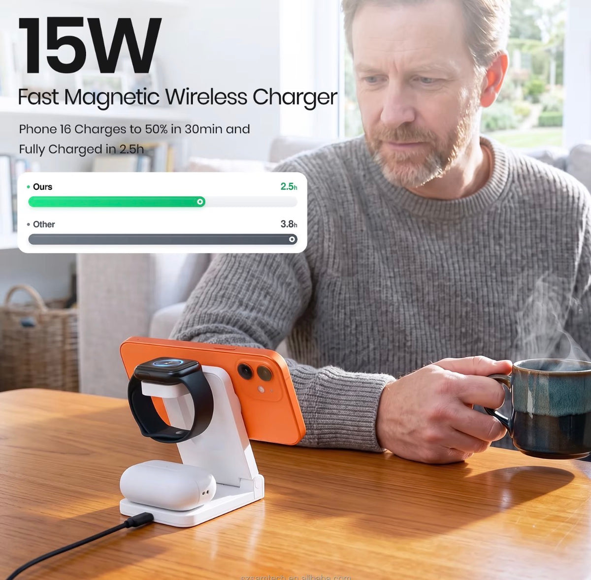 A man sits at a wooden table holding a mug while using a white 15W fast magnetic wireless charger that holds a smartphone and wireless earbuds. Text on the image highlights the fast charging speed.