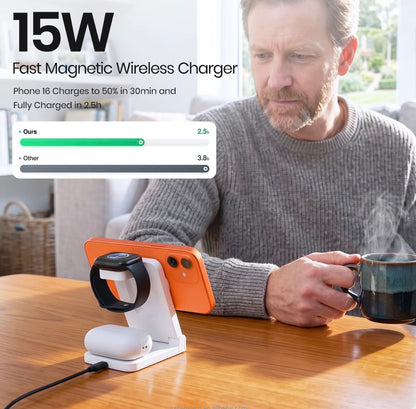 A man sits at a wooden table holding a mug while using a white 15W fast magnetic wireless charger that holds a smartphone and wireless earbuds. Text on the image highlights the fast charging speed.