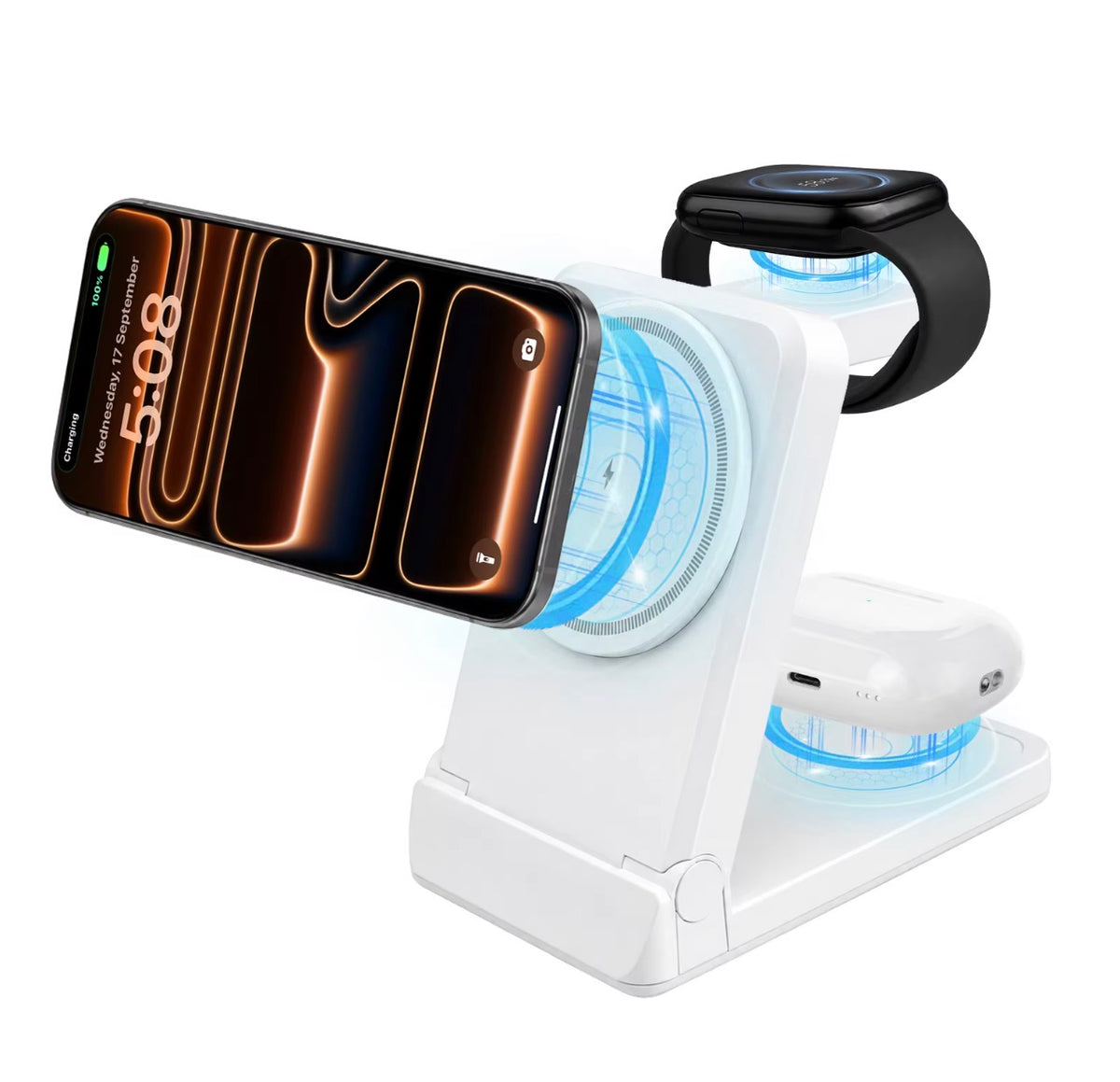 A white multi-device wireless charging stand with three charging zones, shown with a smartphone, smartwatch, and earbud case on a clean white background.