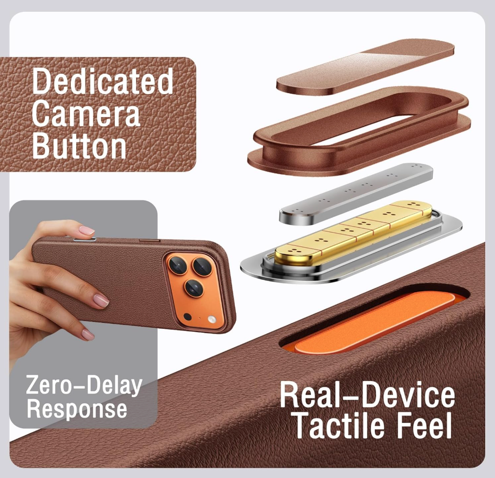 Exploded diagram of dedicated Camera Control button on iPhone 17 leather case showing precision-machined metal layers with zero-delay tactile response mechanism
