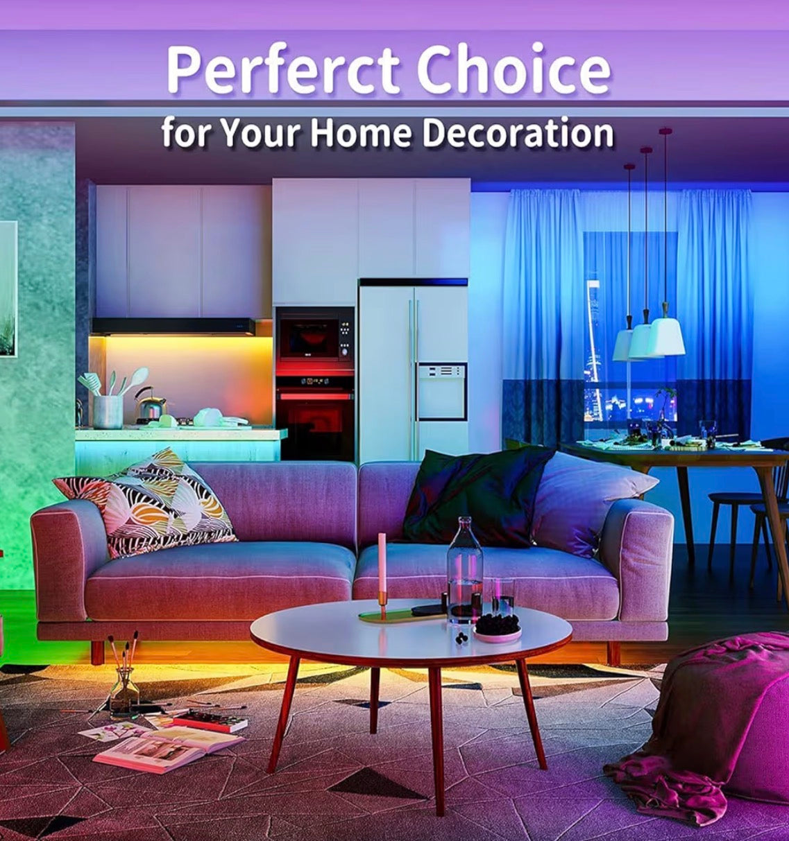 Modern living room with a pink sofa, coffee table, and kitchen in the background. Text 'Perferct Choice for Your Home Decoration' at the top.