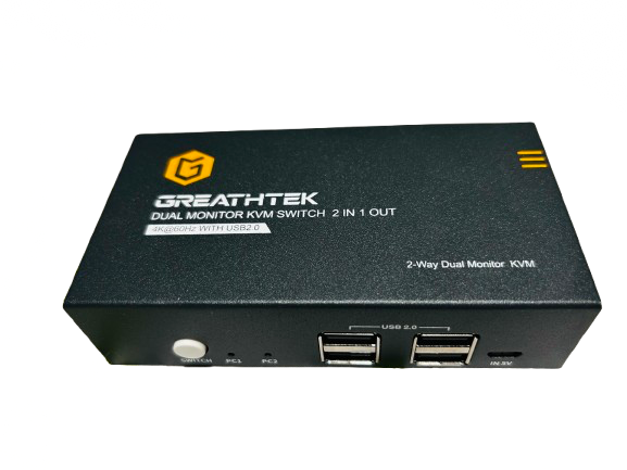 GREATHTEK dual monitor KVM switch on a white background