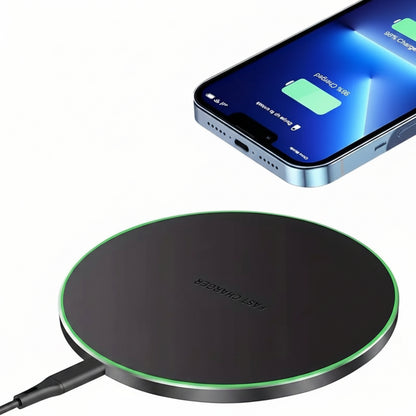 Wireless charging pad with smartphone showing charging status on a white background