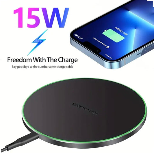 Wireless charging pad with smartphone showing charging status on a white background