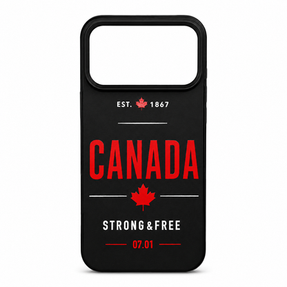 Phone case with 'Canada Strong & Free' text and maple leaf design on a black background