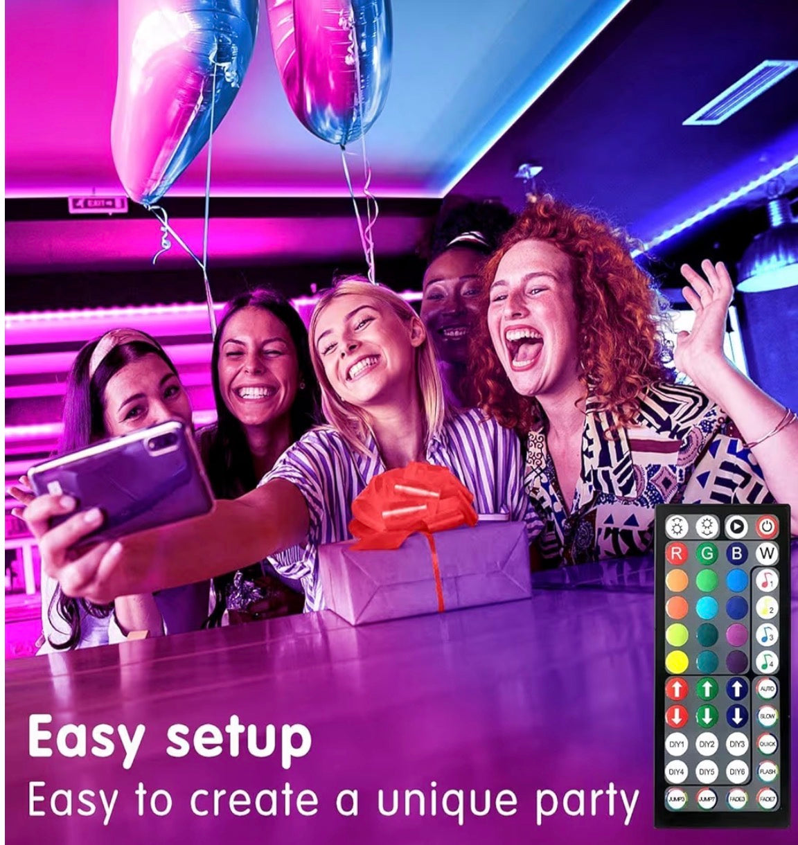 People celebrating a party with balloons and a smartphone, featuring a color wheel on a purple background.