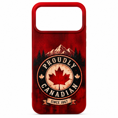 Phone case with 'Proudly Canadian' design featuring a maple leaf and mountain on a red background.
