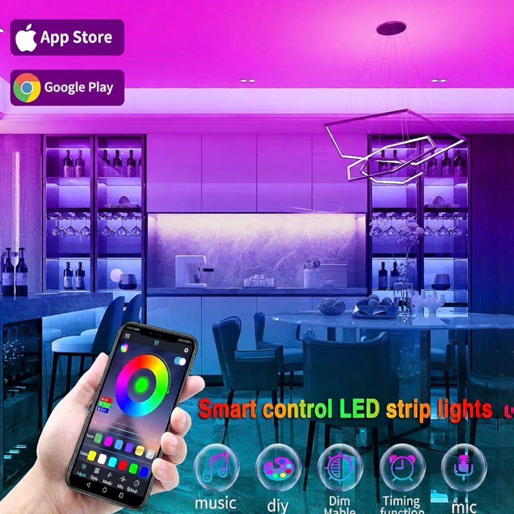 Smart control LED strip lights in a kitchen setting with smartphone app interface.