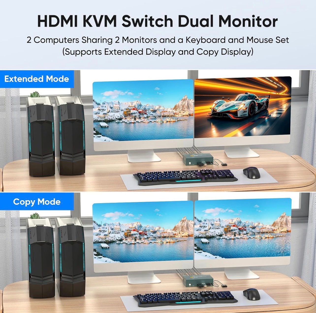 HDMI KVM Switch Dual Monitor setup with two computers, two monitors, and a keyboard and mouse set.