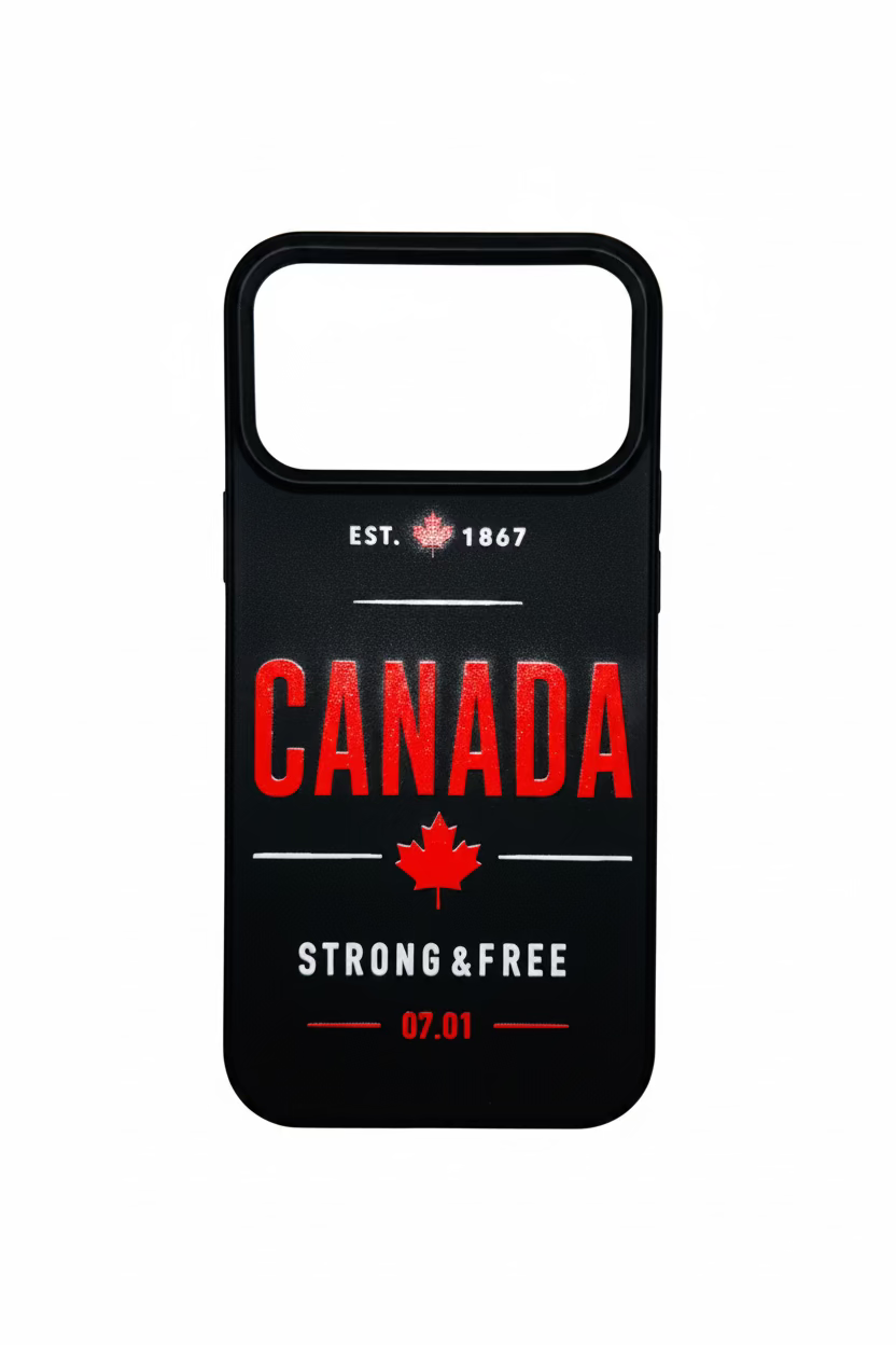 Canada iPhone case – Strong and Free Est 1867 typographic design, black