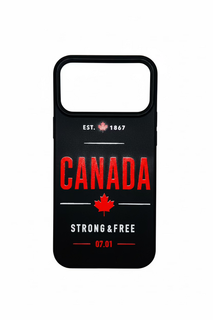 Canada iPhone case – Strong and Free Est 1867 typographic design, black