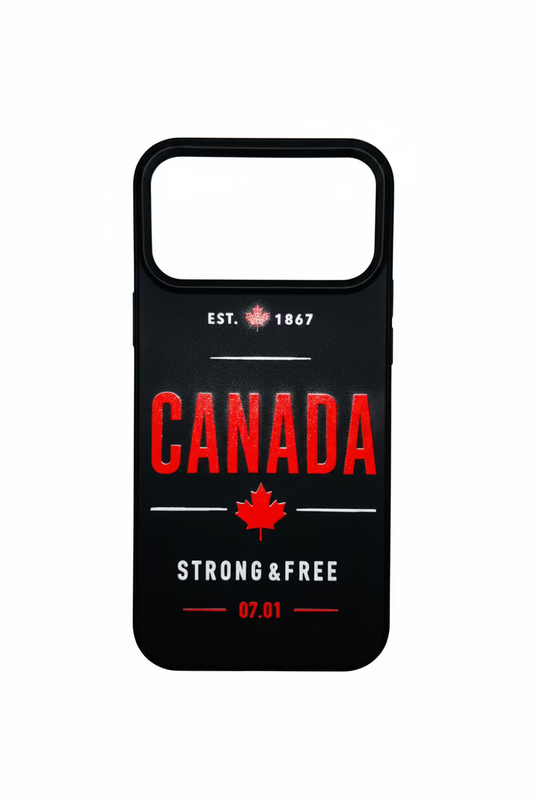 Canada iPhone case – Strong and Free Est 1867 typographic design, black