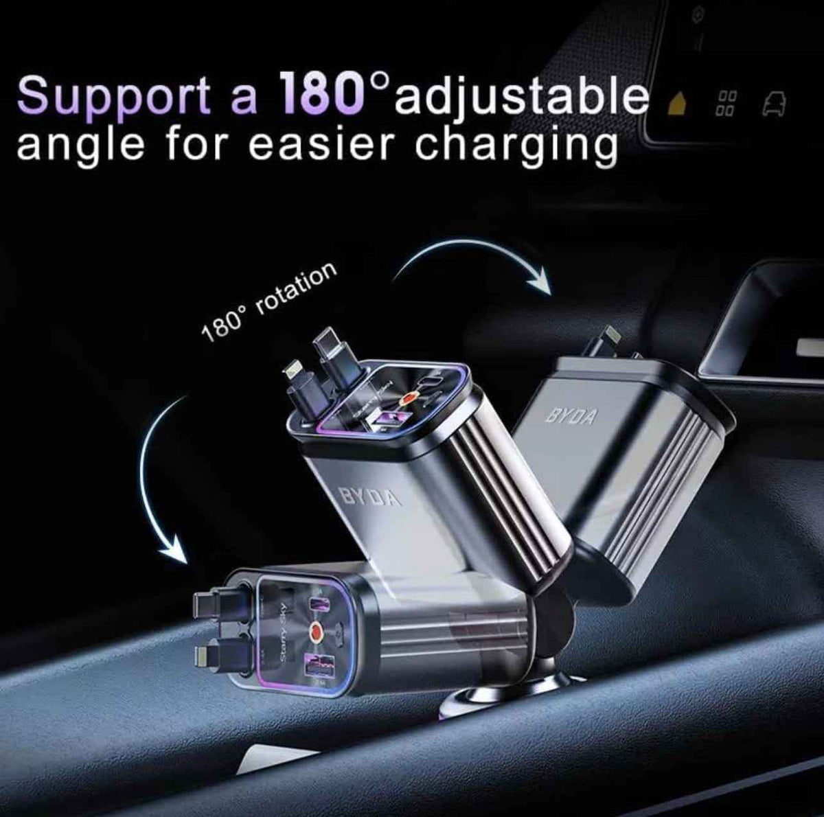 BYDA 69W 4-in-1 Retractable Car Charger – Fast Multi-Port USB-C/USB-A & Lightning Car Adapter for iPhone & Android