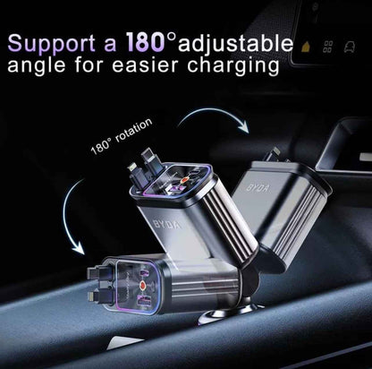 BYDA 69W 4-in-1 Retractable Car Charger – Fast Multi-Port USB-C/USB-A & Lightning Car Adapter for iPhone & Android
