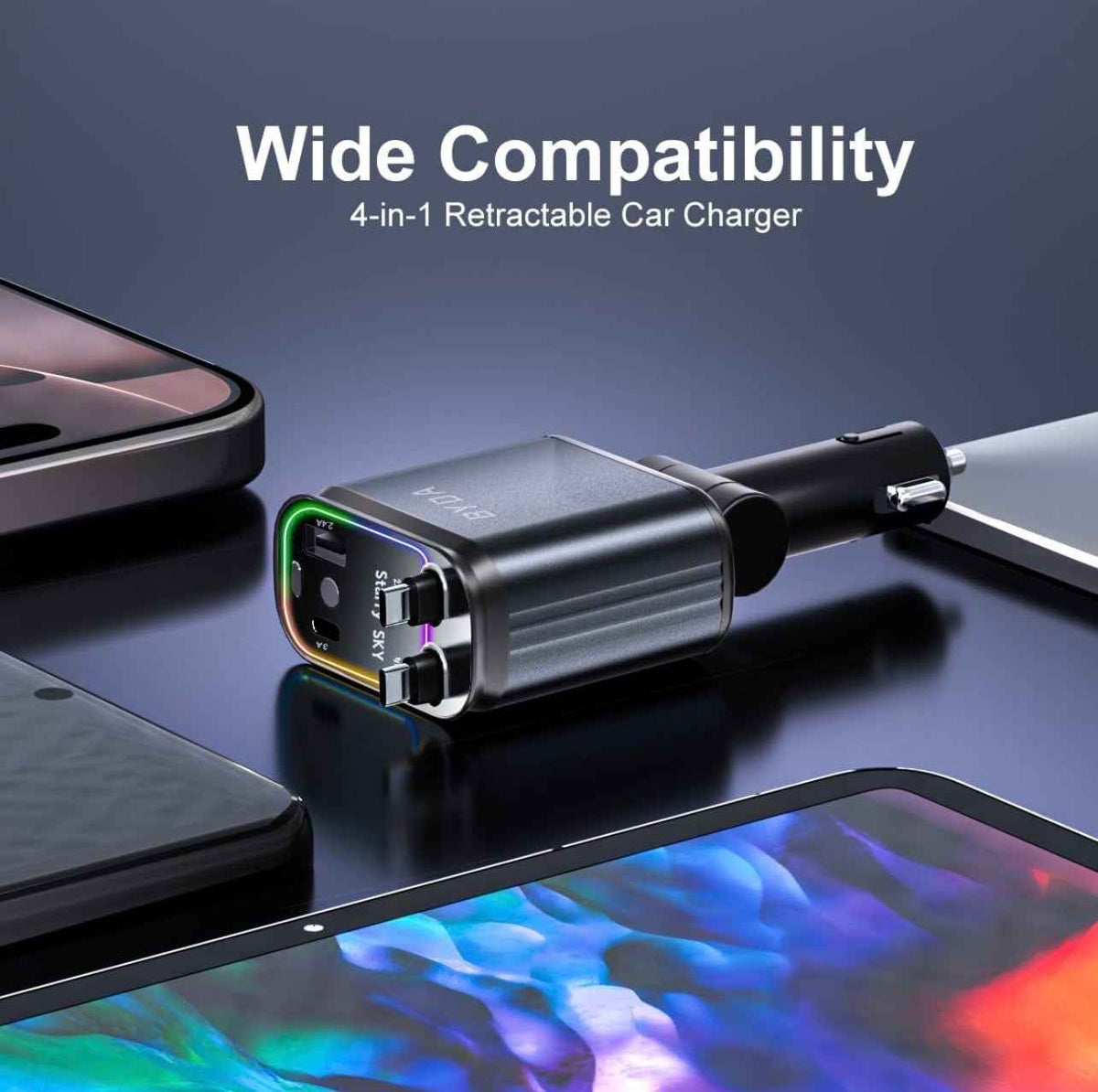 BYDA 69W 4-in-1 Retractable Car Charger – Fast Multi-Port USB-C/USB-A & Lightning Car Adapter for iPhone & Android