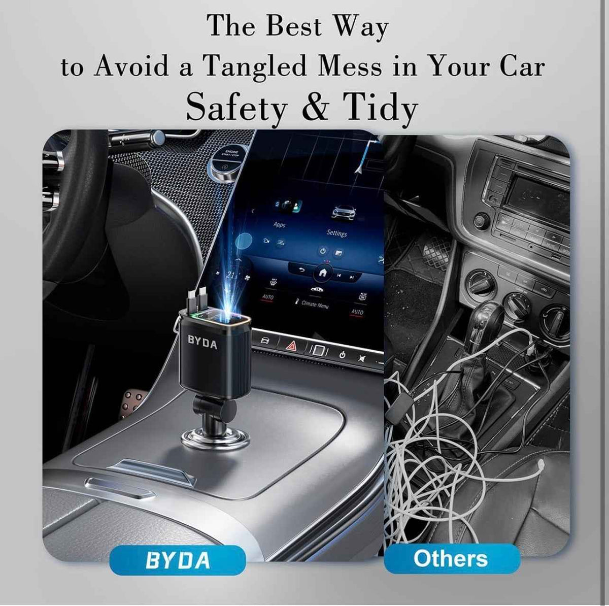 BYDA 69W 4-in-1 Retractable Car Charger – Fast Multi-Port USB-C/USB-A & Lightning Car Adapter for iPhone & Android