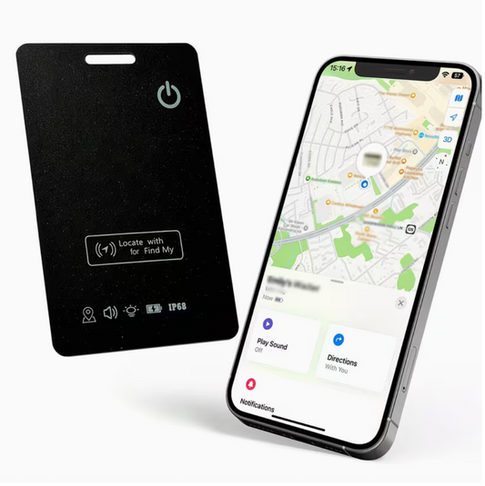 Black tracking device next to a smartphone displaying a map app.