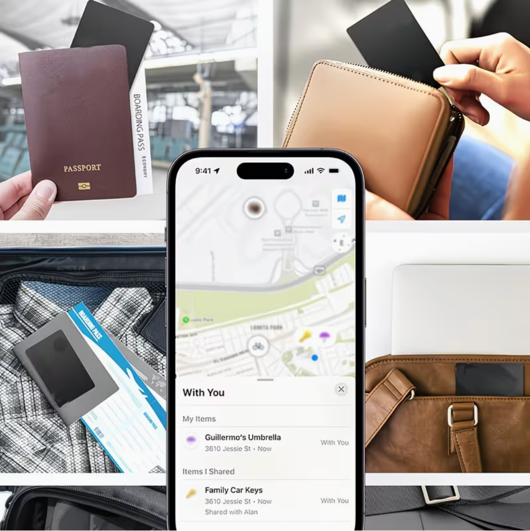 Collage of travel-related items including a passport, wallet, phone with a map app, and suitcase.