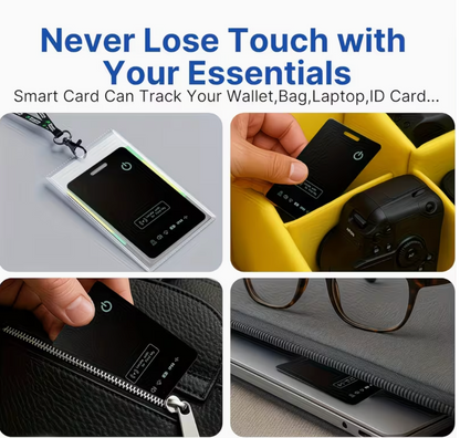 Smart card tracker product with text 'Never Lose Touch with Your Essentials' on a white background.