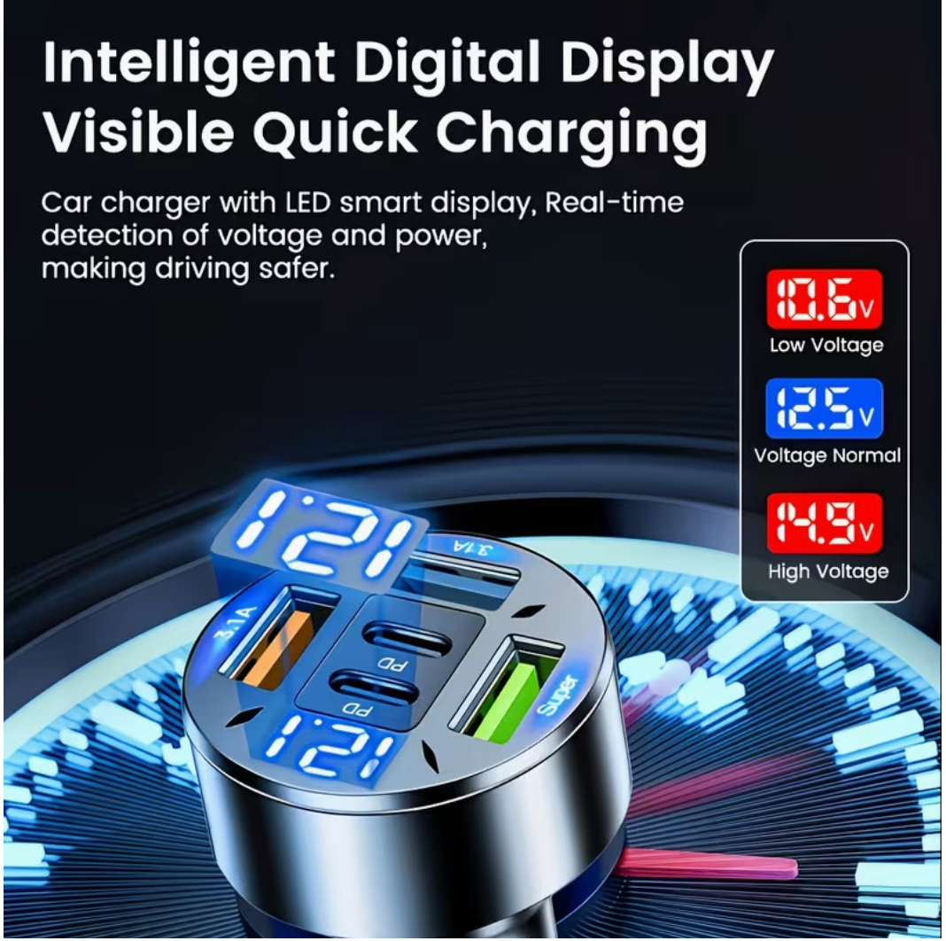 5-Port Fast Charge Car Charger with Digital Display – 2 PD + 3 USB Ports, Multi-Device Charging, LED Voltage Monitor
