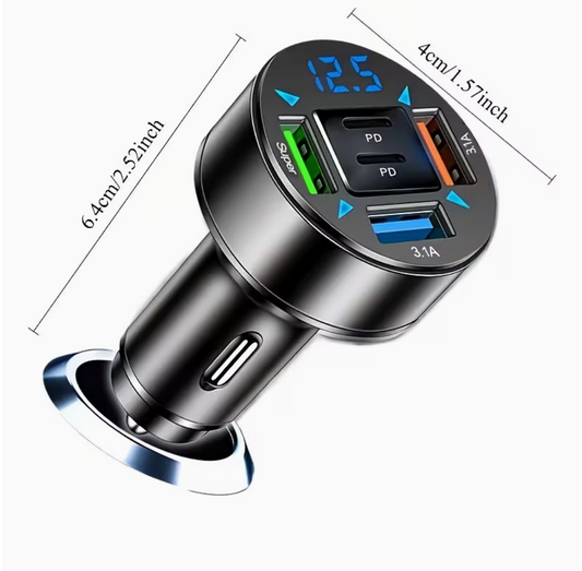 5-Port Fast Charge Car Charger with Digital Display – 2 PD + 3 USB Ports, Multi-Device Charging, LED Voltage Monitor