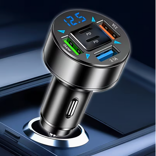 5-Port Fast Charge Car Charger with Digital Display – 2 PD + 3 USB Ports, Multi-Device Charging, LED Voltage Monitor
