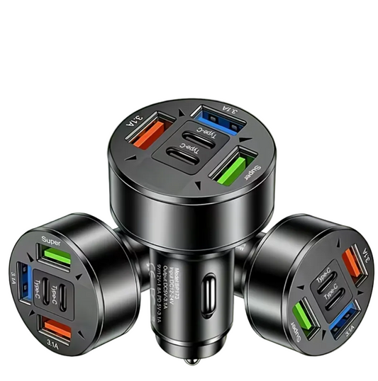 5-in-1 car charger with multiple ports and 100W label on a light green background