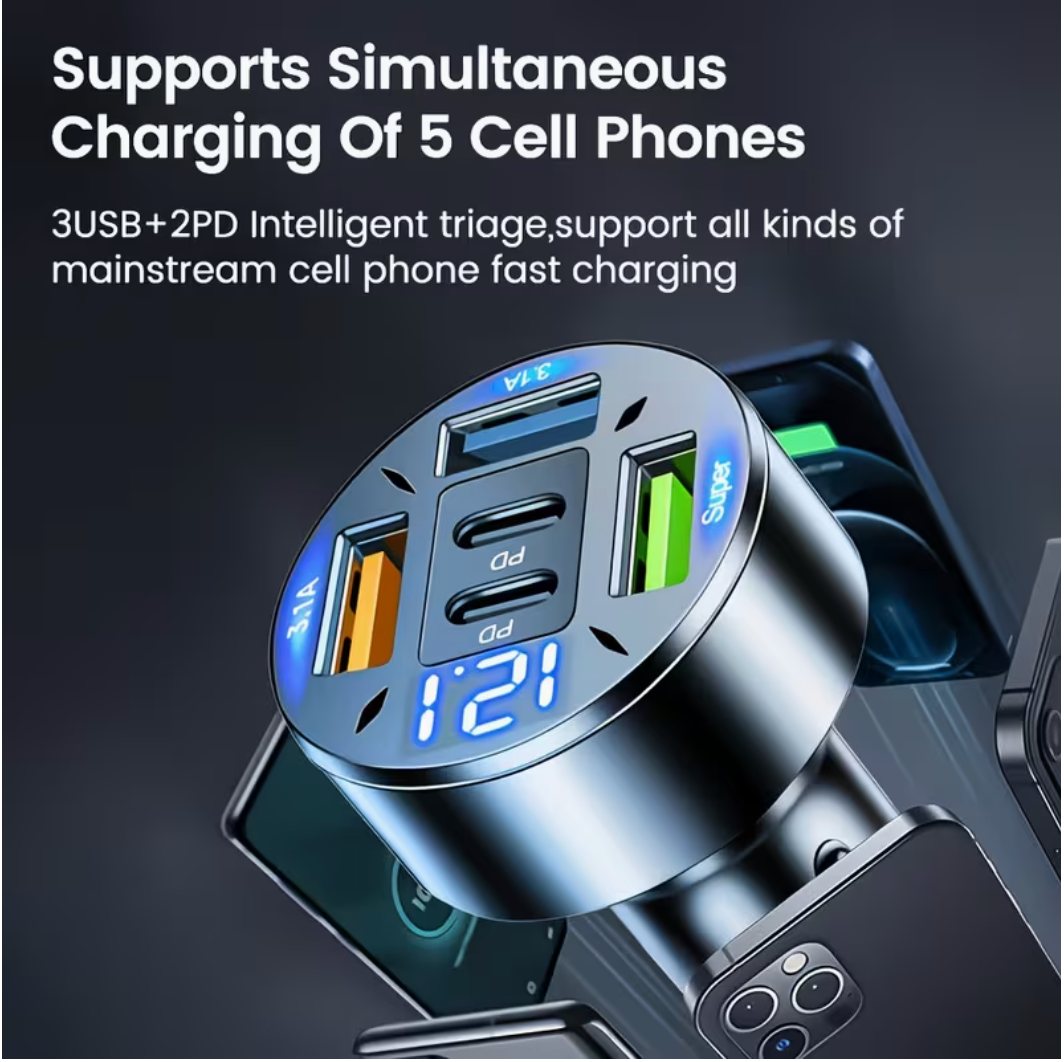 5-Port Fast Charge Car Charger with Digital Display – 2 PD + 3 USB Ports, Multi-Device Charging, LED Voltage Monitor