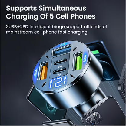 5-Port Fast Charge Car Charger with Digital Display – 2 PD + 3 USB Ports, Multi-Device Charging, LED Voltage Monitor