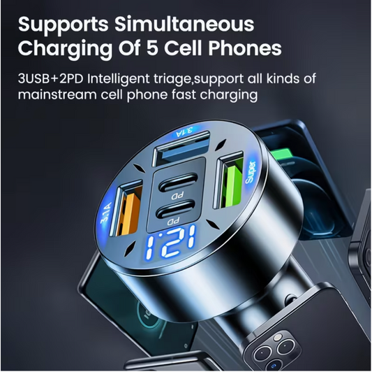 5-Port Fast Charge Car Charger with Digital Display – 2 PD + 3 USB Ports, Multi-Device Charging, LED Voltage Monitor