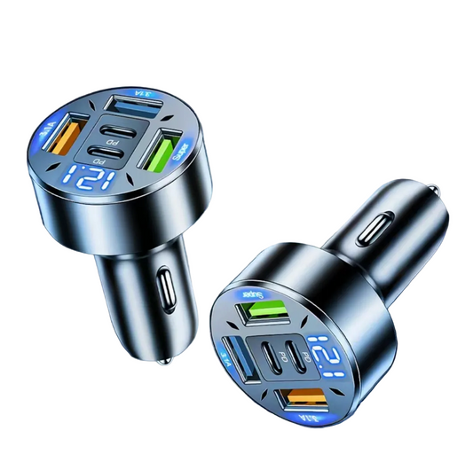 5-Port Fast Charge Car Charger with Digital Display – 2 PD + 3 USB Ports, Multi-Device Charging, LED Voltage Monitor