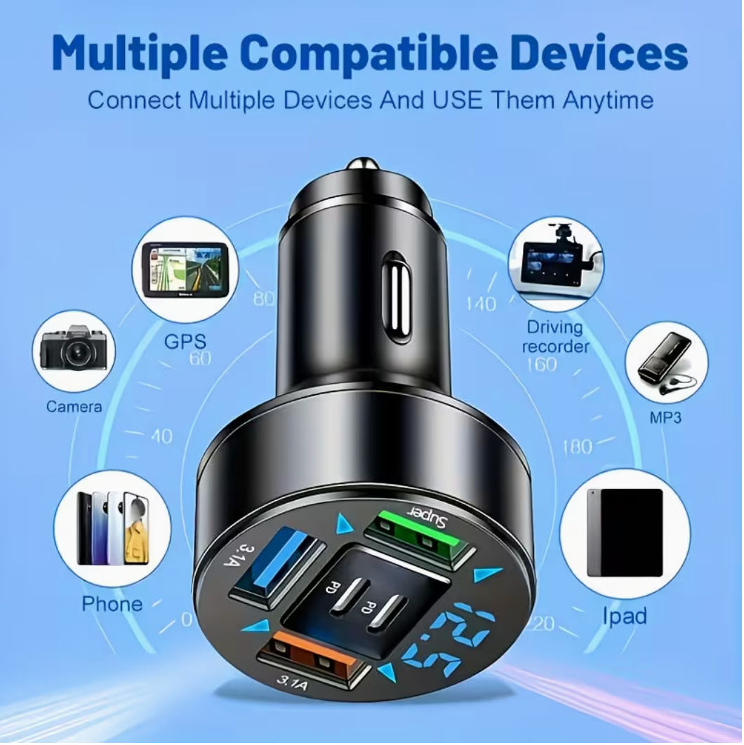 5-Port Fast Charge Car Charger with Digital Display – 2 PD + 3 USB Ports, Multi-Device Charging, LED Voltage Monitor