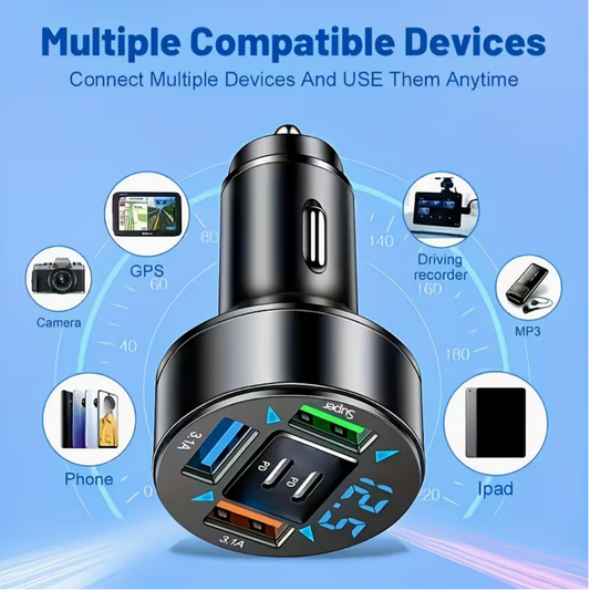 5-Port Fast Charge Car Charger with Digital Display – 2 PD + 3 USB Ports, Multi-Device Charging, LED Voltage Monitor