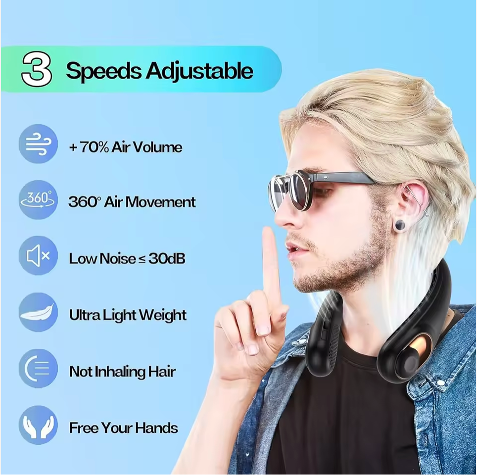 Person wearing a neck device with features listed on a blue background