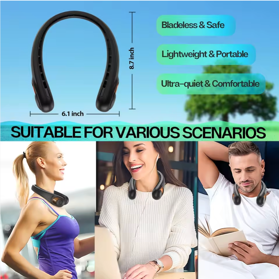 Necklace-like device with features listed and people wearing it in different scenarios.