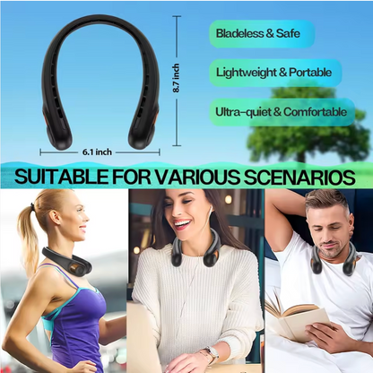 Necklace-like device with features listed and people wearing it in different scenarios.