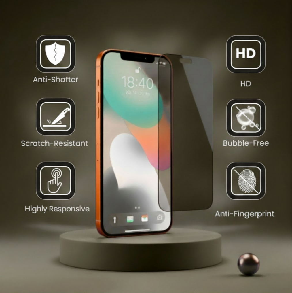 Smartphone with tempered glass screen protector on a dark background with feature icons.