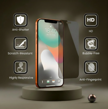 Smartphone with tempered glass screen protector on a dark background with feature icons.