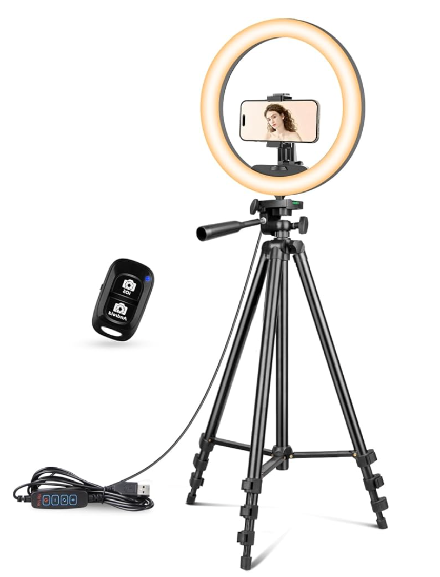 Ring light with tripod and remote control on a white background