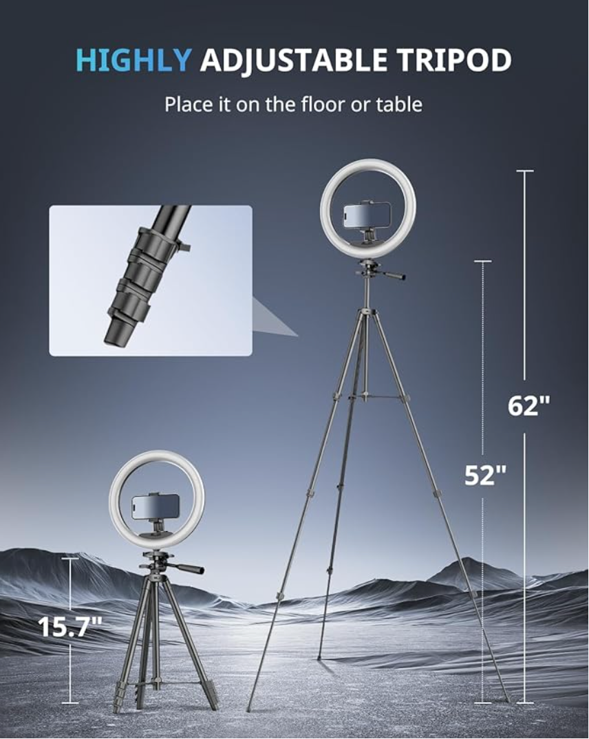 Ring light with adjustable tripod on a mountainous landscape background