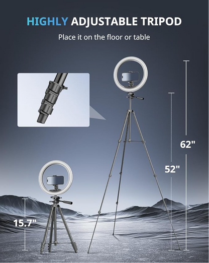 Ring light with adjustable tripod on a mountainous landscape background