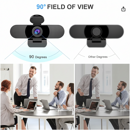 Webcam with 90-degree field of view shown in a diagram, with people in a meeting setting below.