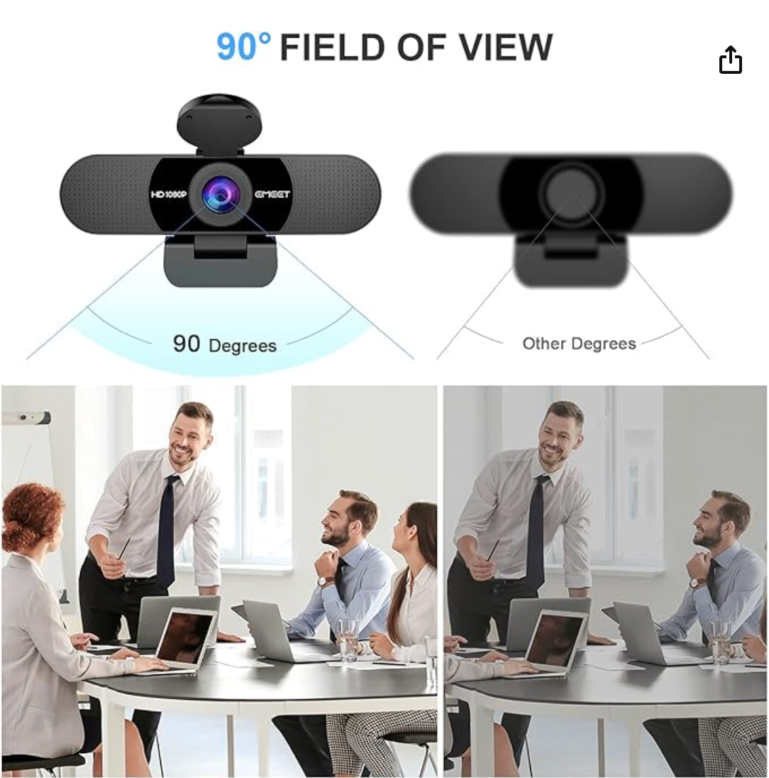 Webcam with 90-degree field of view shown in a diagram, with people in a meeting setting below.