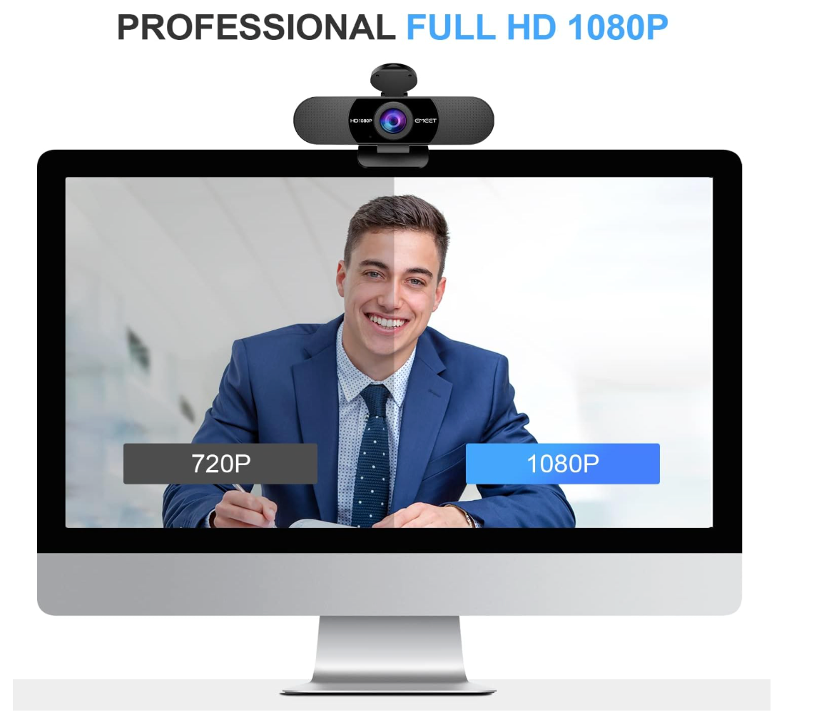 Computer monitor with a webcam and a man in a suit on the screen, displaying 720P and 1080P resolution options.