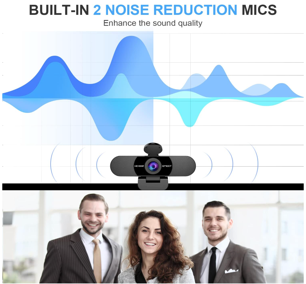 Webcam with noise reduction mics feature and people in a professional setting