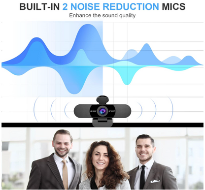 Webcam with noise reduction mics feature and people in a professional setting